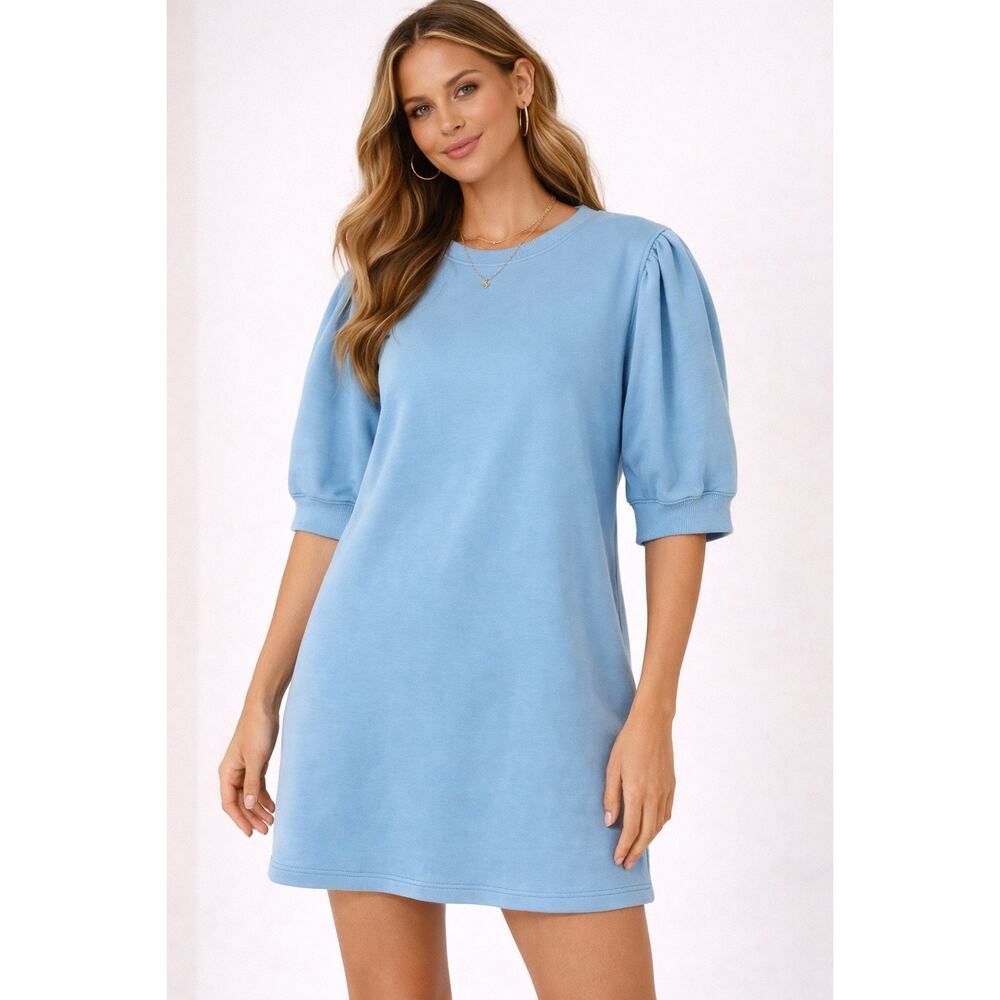 Addison Bay Blue Sweatshirt Dress L Puff Sleeve Athleisure Casual Knit